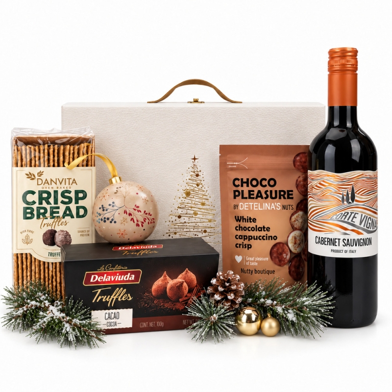 Christmas Gift Box with Red Wine, Truffles and Chocolate – 1078