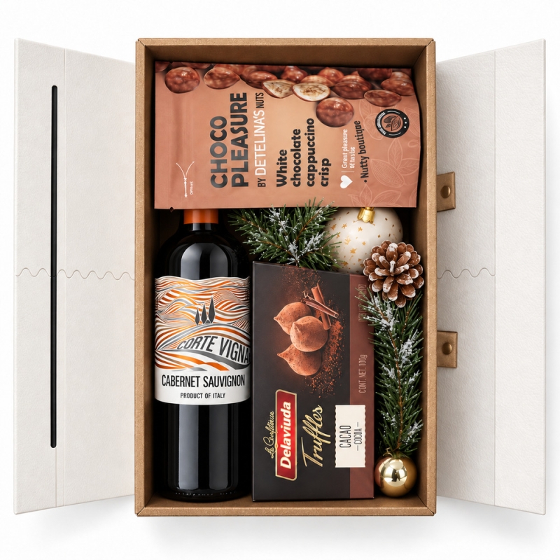 Christmas Gift Box with Red Wine, Truffles and Chocolate – 1078